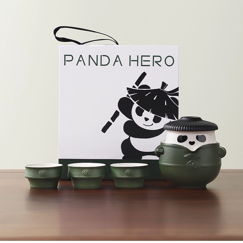 Cute Panda Travel Tea Set with Portable Bag, Chinese Ceramic Gongfu Teapot with 3  Teacups, Packaged in An Exquisite Gift Box.(Green)