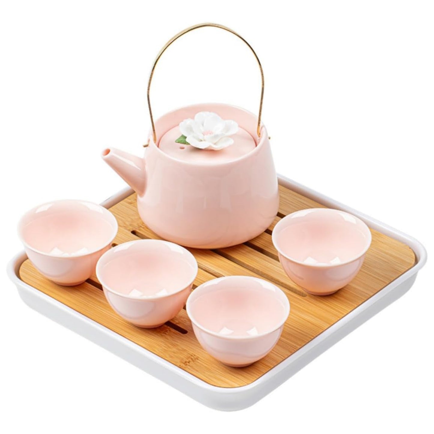 Kungfu Teapot Set with 1 Teapot and 4 Tea Cups, 1 Tea Tray of Travel bag (pink)