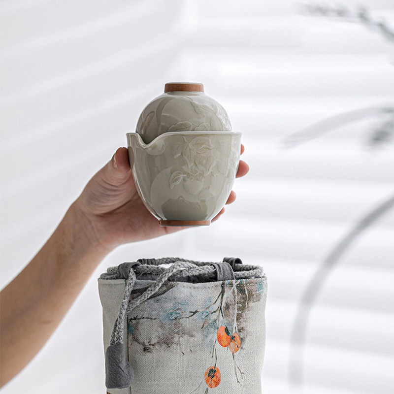Covered bowl Porcelain Quick Guest Cup,and Cup Set Small Teaset with Lid for Home Gifting Outdoor and Office(Gray)