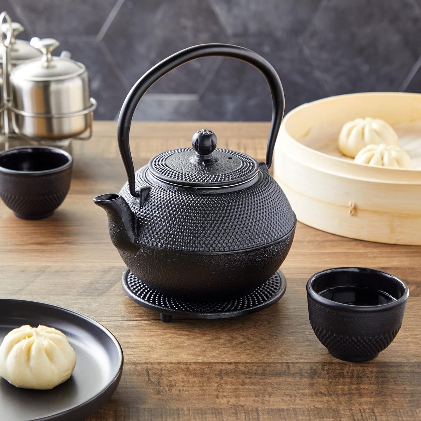 Cast Iron Tea Pot with Stainless Steel Infuser for Loose Leaf Tea, Small Asian Tea Set with Teacups(black)