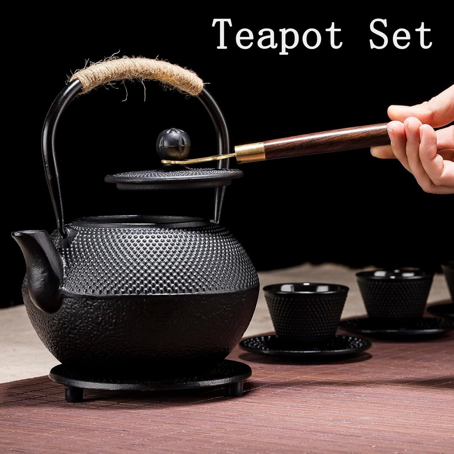 Cast Iron Tea Pot with Stainless Steel Infuser for Loose Leaf Tea, Small Asian Tea Set with Teacups(black)