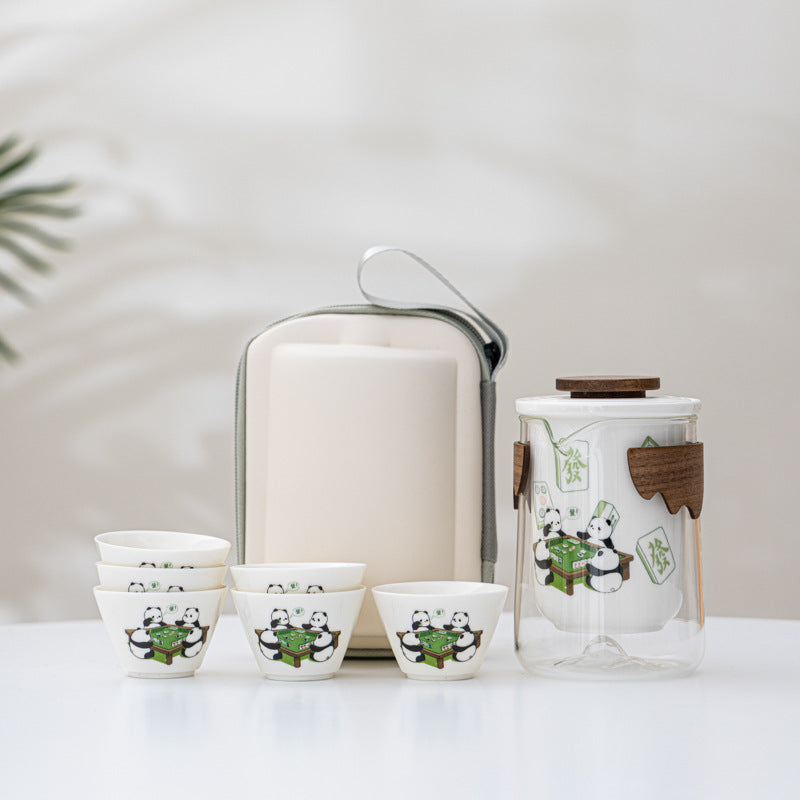 Panda Mahjong Travel Tea set, one pot with three cups, Quick Guest Cup tea set