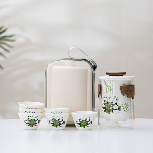 Panda Mahjong Travel Tea set, one pot with three cups, Quick Guest Cup tea set