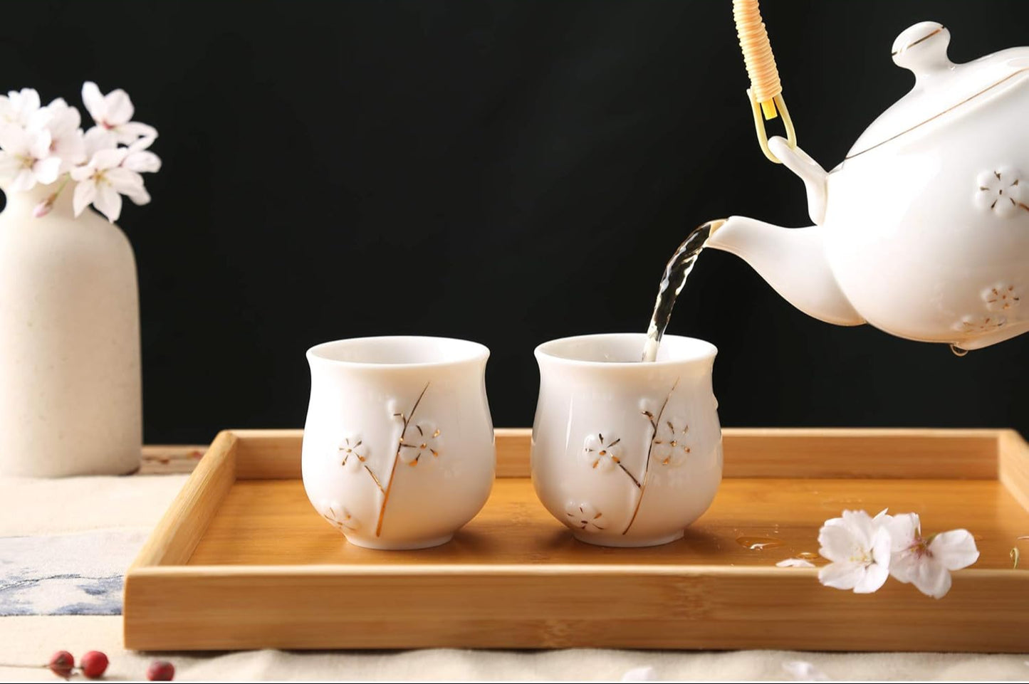 Plum in Golden Porcelain Tea Set with 1 Teapot Set, 6 Tea Cups, 1 Tea Tray, 1 Stainless Infuser(White)