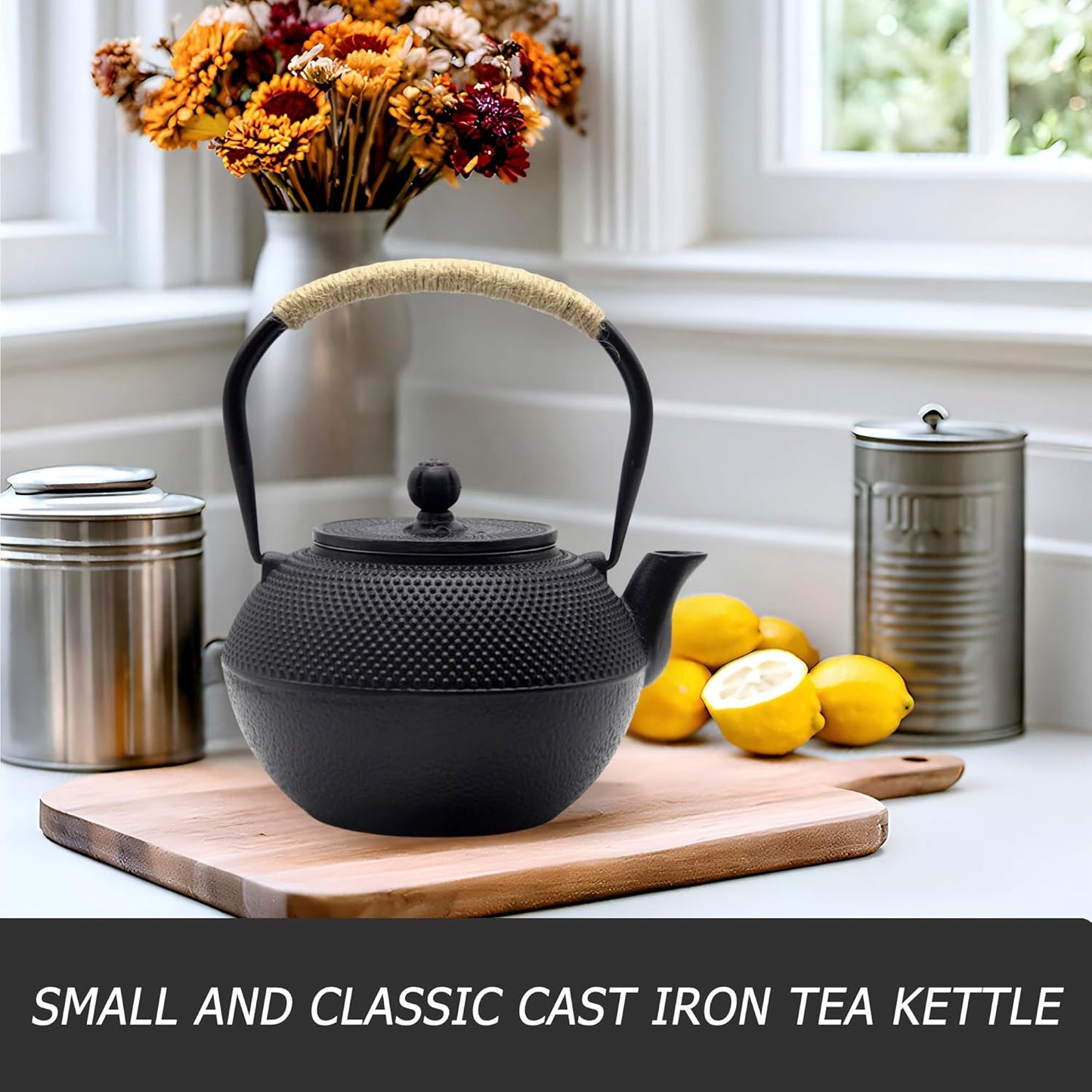 Cast Iron Tea Pot with Stainless Steel Infuser for Loose Leaf Tea, Small Asian Tea Set with Teacups(black)