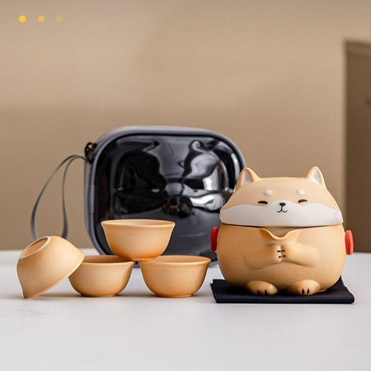 Mini Gaiwan Tea Set, Cute Dog Shiba Inu Teapot with Portable Bag for Travel, Chinese Ceramic Gongfu Teapot with 4 Ceramic Teacups.