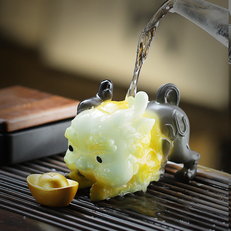 Tea Pet Pixiu Figurine, Color Changing Chinese Teapet , Cute Kungfu Tea Ornament Accessories with Feng Shui Good Luck Charm