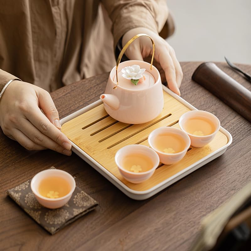 Kungfu Teapot Set with 1 Teapot and 4 Tea Cups, 1 Tea Tray of Travel bag (pink)