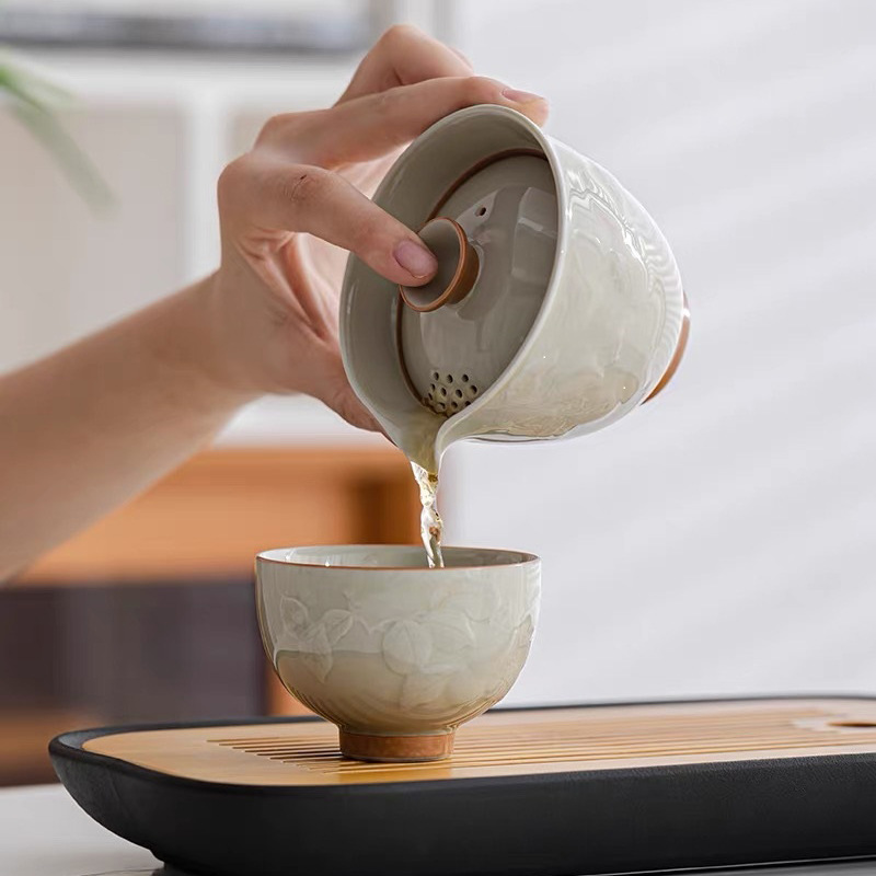 Covered bowl Porcelain Quick Guest Cup,and Cup Set Small Teaset with Lid for Home Gifting Outdoor and Office(Gray)
