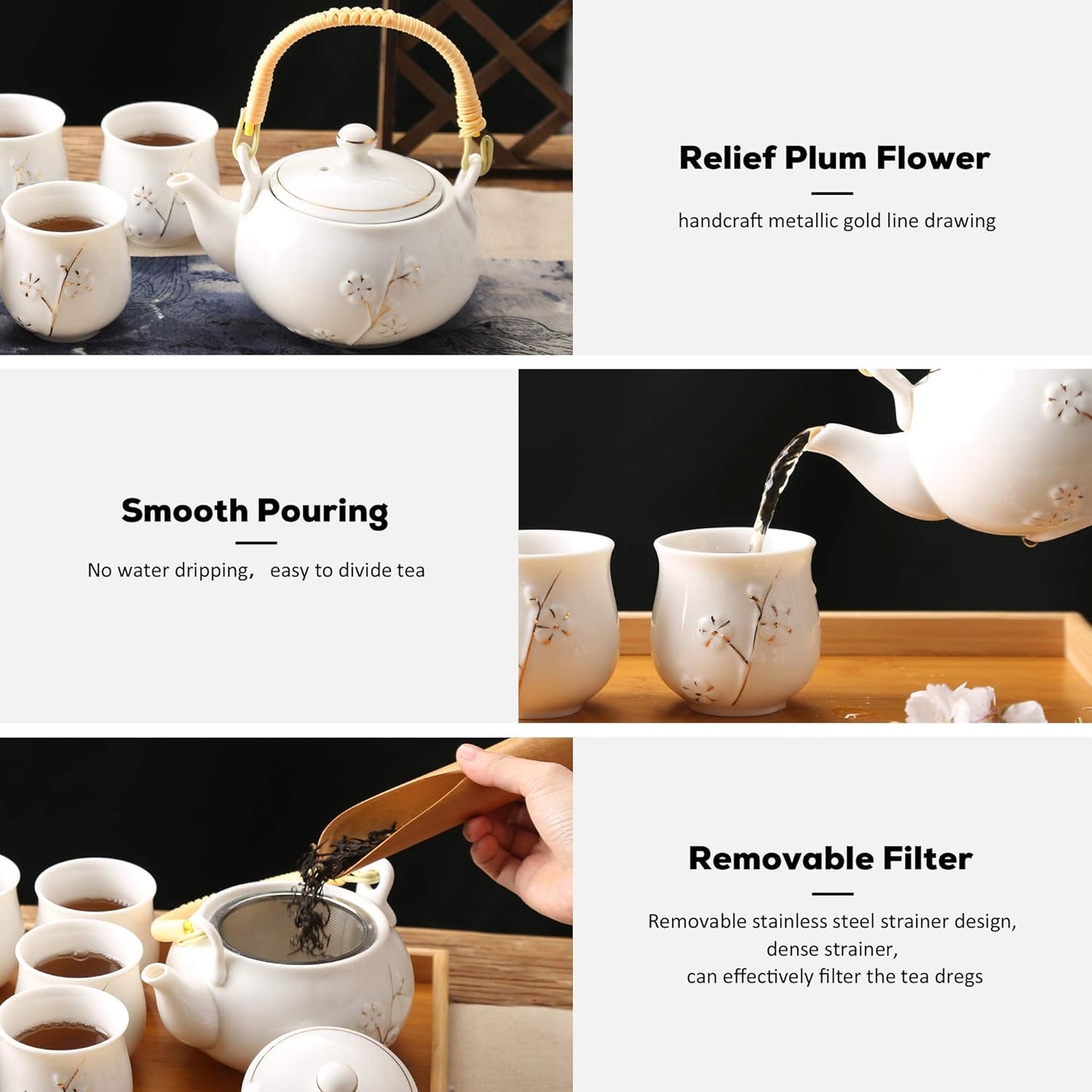Plum in Golden Porcelain Tea Set with 1 Teapot Set, 6 Tea Cups, 1 Tea Tray, 1 Stainless Infuser(White)