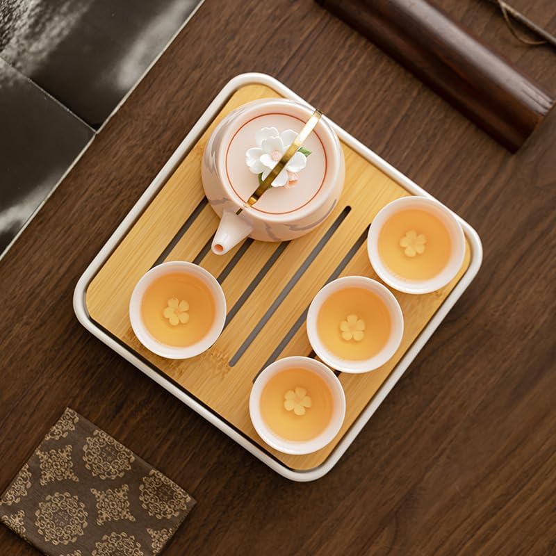 Kungfu Teapot Set with 1 Teapot and 4 Tea Cups, 1 Tea Tray of Travel bag (pink)