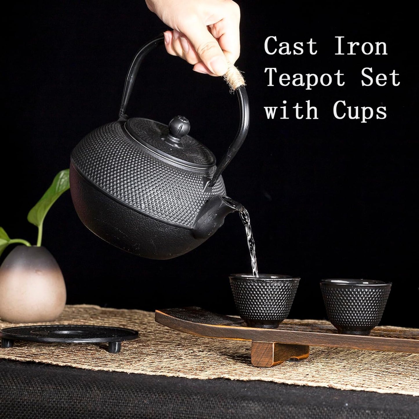 Cast Iron Tea Pot with Stainless Steel Infuser for Loose Leaf Tea, Small Asian Tea Set with Teacups(black)