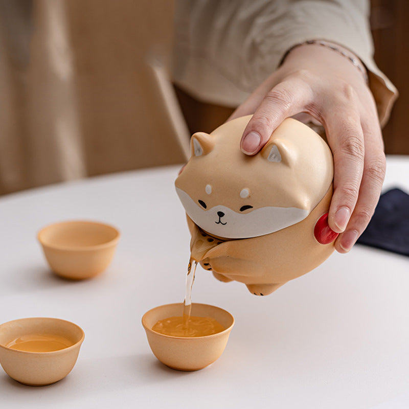 Mini Gaiwan Tea Set, Cute Dog Shiba Inu Teapot with Portable Bag for Travel, Chinese Ceramic Gongfu Teapot with 4 Ceramic Teacups.