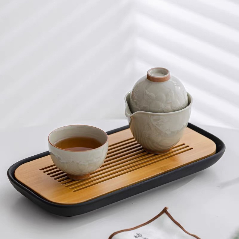 Covered bowl Porcelain Quick Guest Cup,and Cup Set Small Teaset with Lid for Home Gifting Outdoor and Office(Gray)