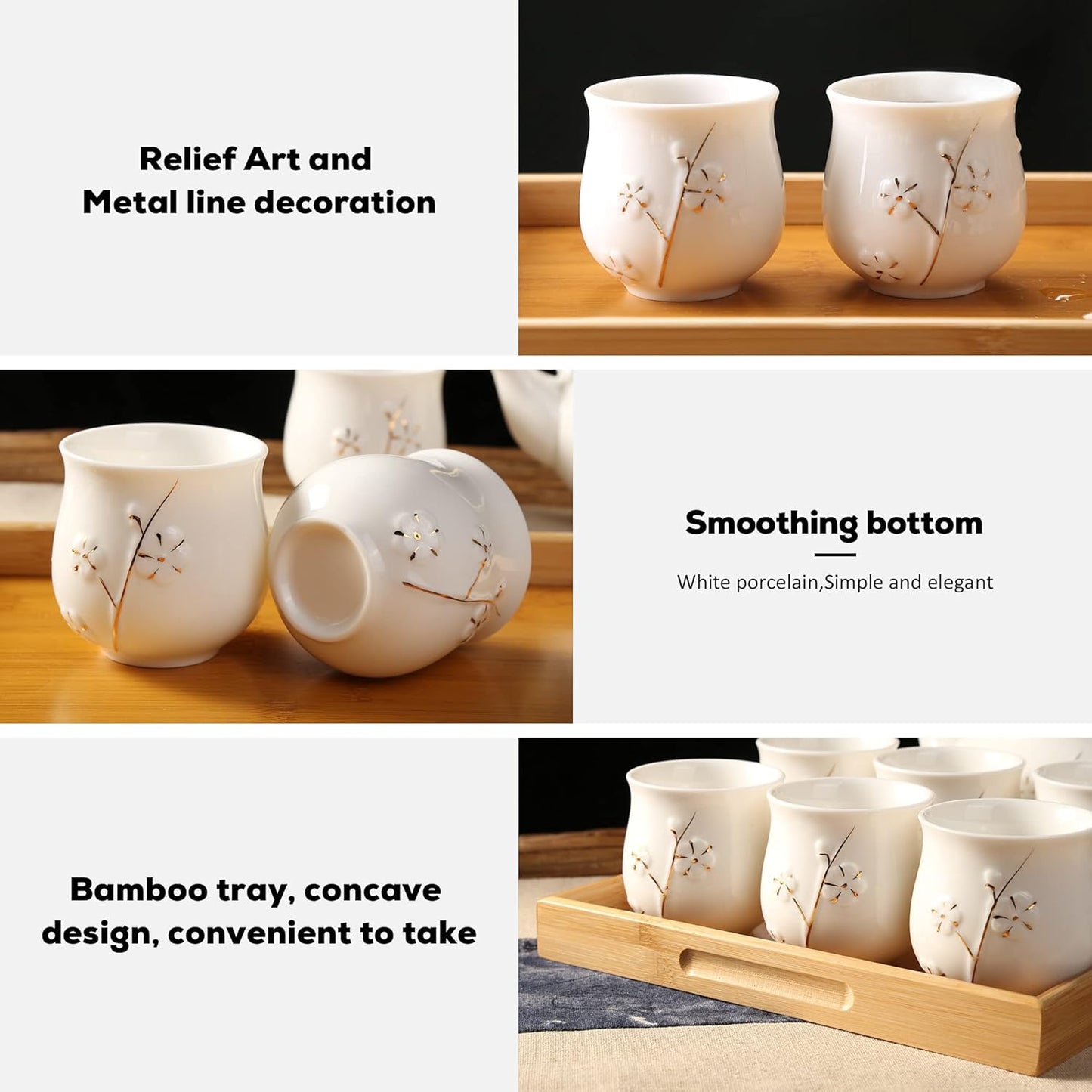 Plum in Golden Porcelain Tea Set with 1 Teapot Set, 6 Tea Cups, 1 Tea Tray, 1 Stainless Infuser(White)
