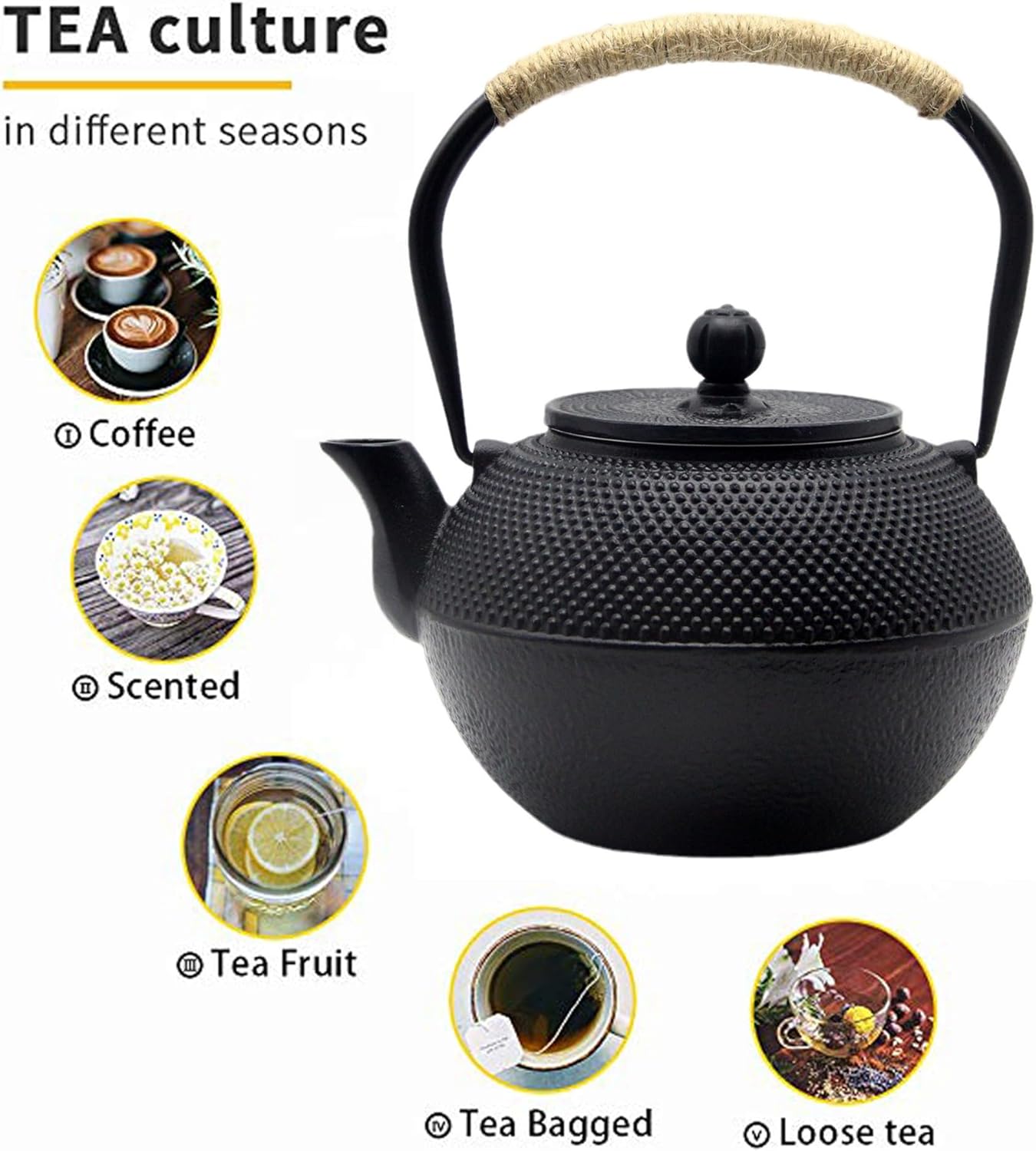 Cast Iron Tea Pot with Stainless Steel Infuser for Loose Leaf Tea, Small Asian Tea Set with Teacups(black)