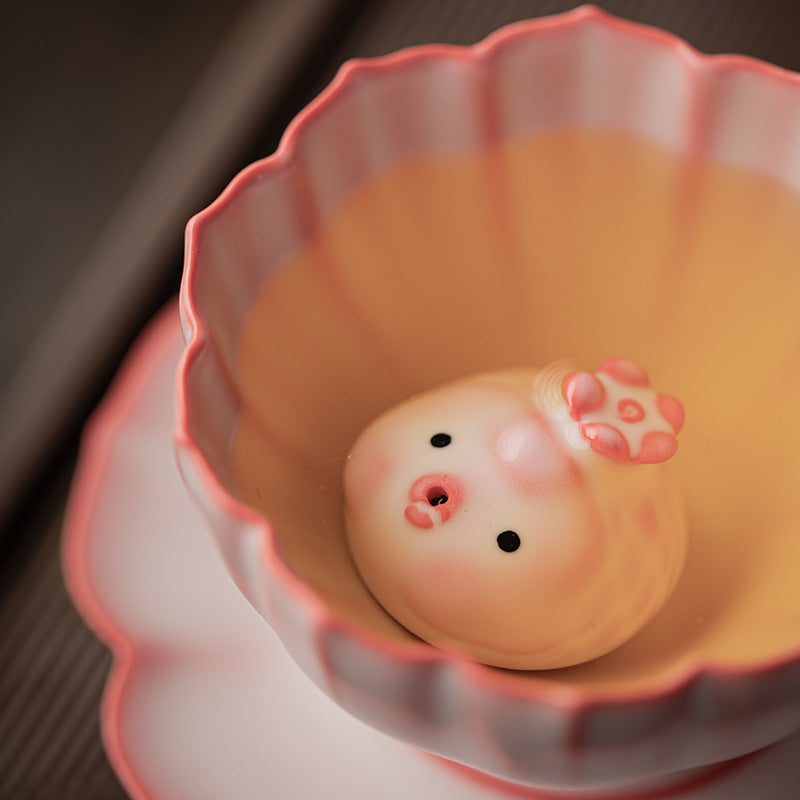 Lard jelly powder Ru Kiln petal cup ceramic tea set with tea pet (Pink)