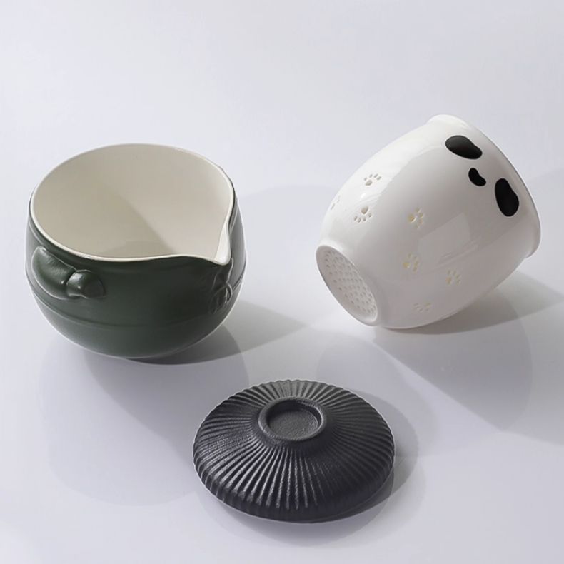 Cute Panda Travel Tea Set with Portable Bag, Chinese Ceramic Gongfu Teapot with 3  Teacups, Packaged in An Exquisite Gift Box.(Green)