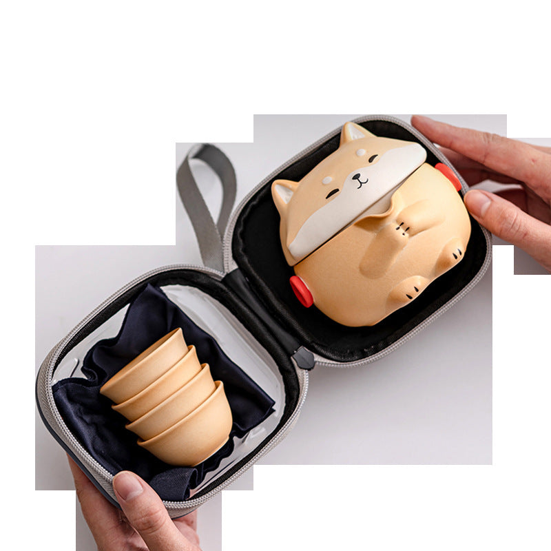 Mini Gaiwan Tea Set, Cute Dog Shiba Inu Teapot with Portable Bag for Travel, Chinese Ceramic Gongfu Teapot with 4 Ceramic Teacups.