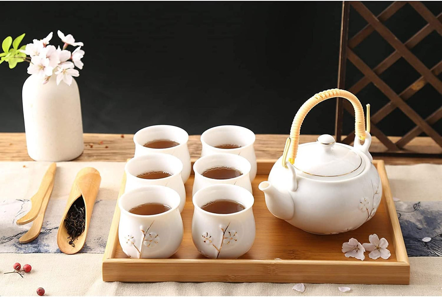 Plum in Golden Porcelain Tea Set with 1 Teapot Set, 6 Tea Cups, 1 Tea Tray, 1 Stainless Infuser(White)