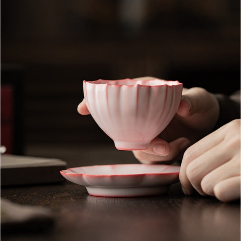 Lard jelly powder Ru Kiln petal cup ceramic tea set with tea pet (Pink)