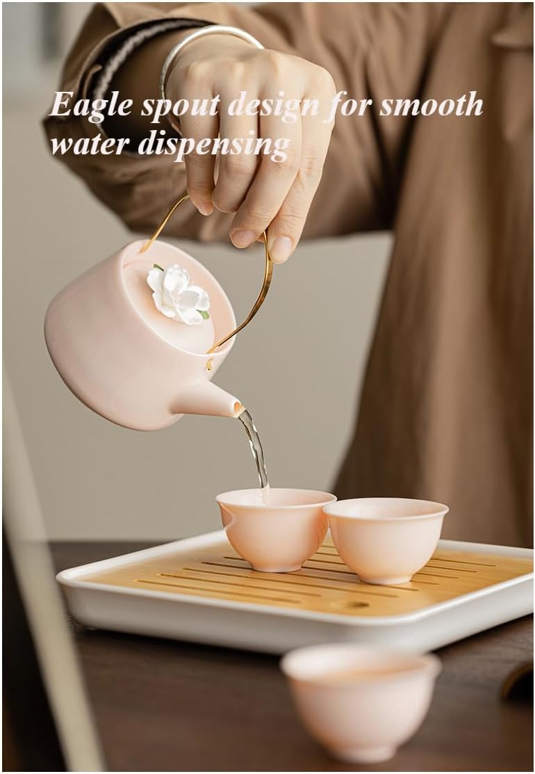 Kungfu Teapot Set with 1 Teapot and 4 Tea Cups, 1 Tea Tray of Travel bag (pink)