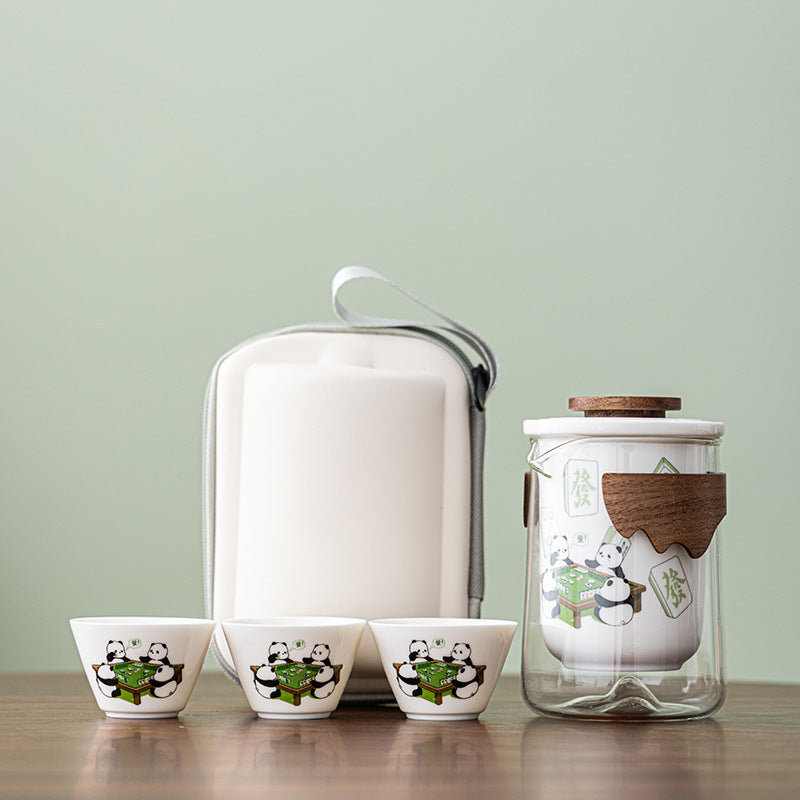Panda Mahjong Travel Tea set, one pot with three cups, Quick Guest Cup tea set