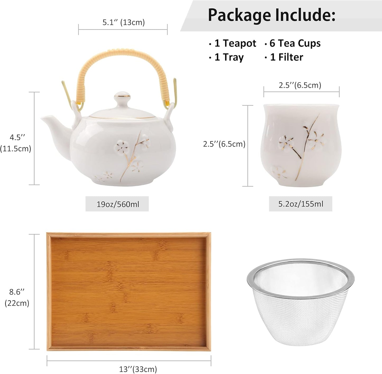 Plum in Golden Porcelain Tea Set with 1 Teapot Set, 6 Tea Cups, 1 Tea Tray, 1 Stainless Infuser(White)