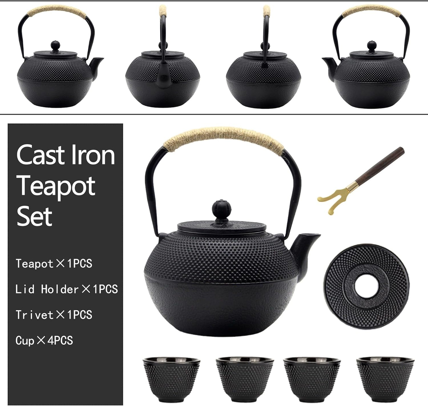Cast Iron Tea Pot with Stainless Steel Infuser for Loose Leaf Tea, Small Asian Tea Set with Teacups(black)