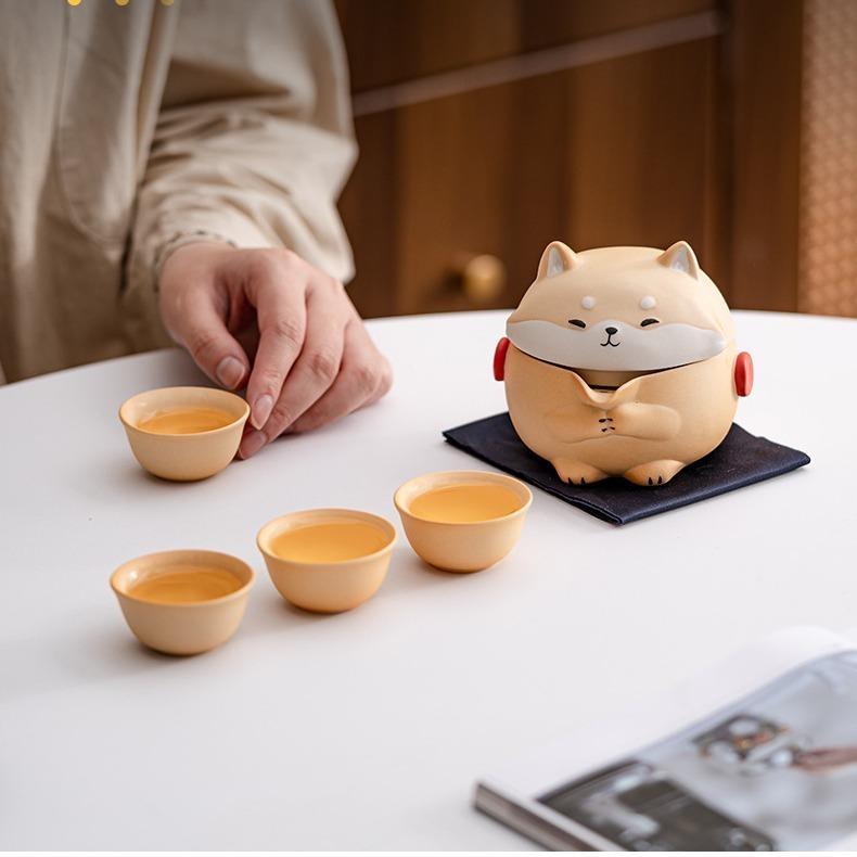 Mini Gaiwan Tea Set, Cute Dog Shiba Inu Teapot with Portable Bag for Travel, Chinese Ceramic Gongfu Teapot with 4 Ceramic Teacups.