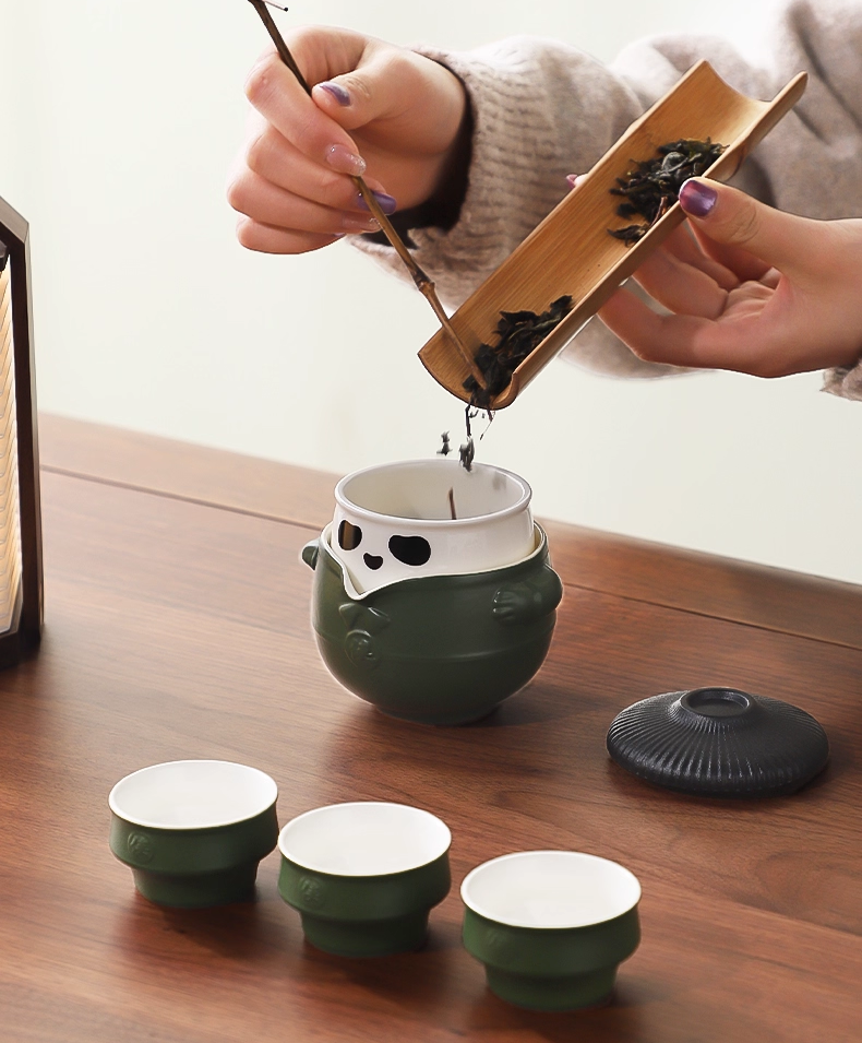 Cute Panda Travel Tea Set with Portable Bag, Chinese Ceramic Gongfu Teapot with 3  Teacups, Packaged in An Exquisite Gift Box.(Green)