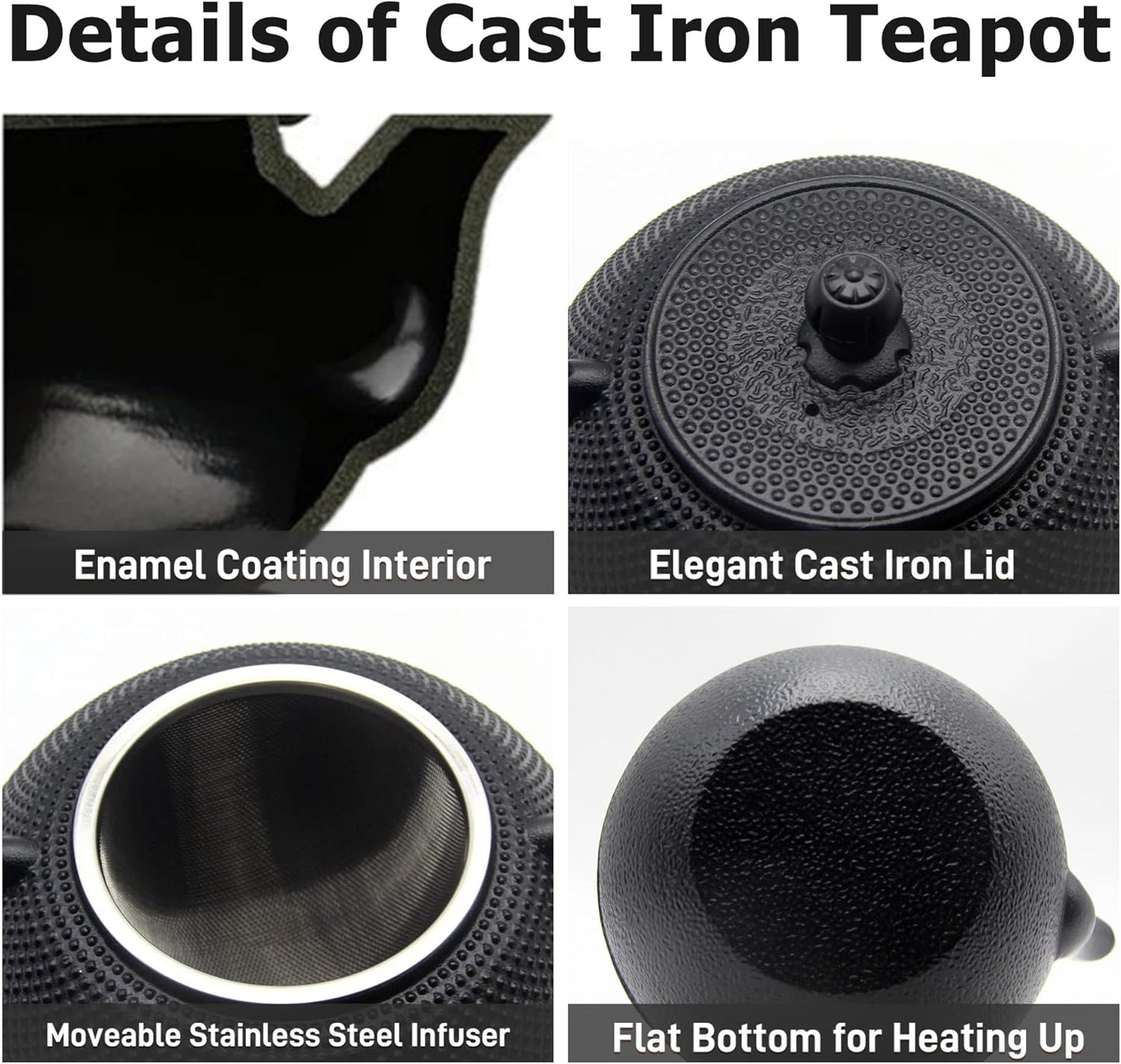 Cast Iron Tea Pot with Stainless Steel Infuser for Loose Leaf Tea, Small Asian Tea Set with Teacups(black)