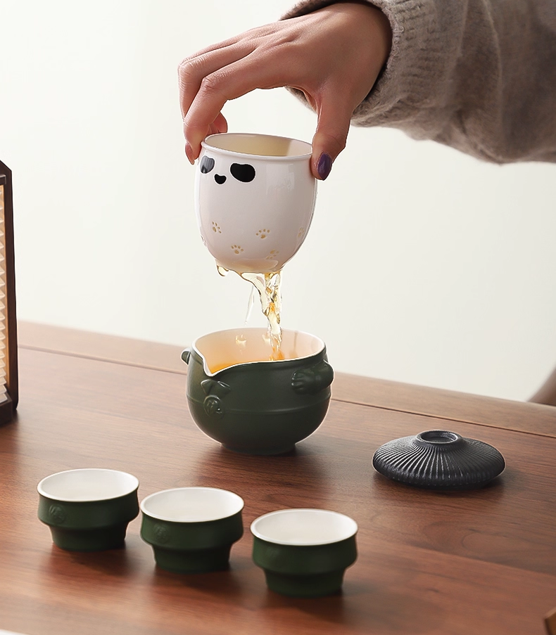 Cute Panda Travel Tea Set with Portable Bag, Chinese Ceramic Gongfu Teapot with 3  Teacups, Packaged in An Exquisite Gift Box.(Green)