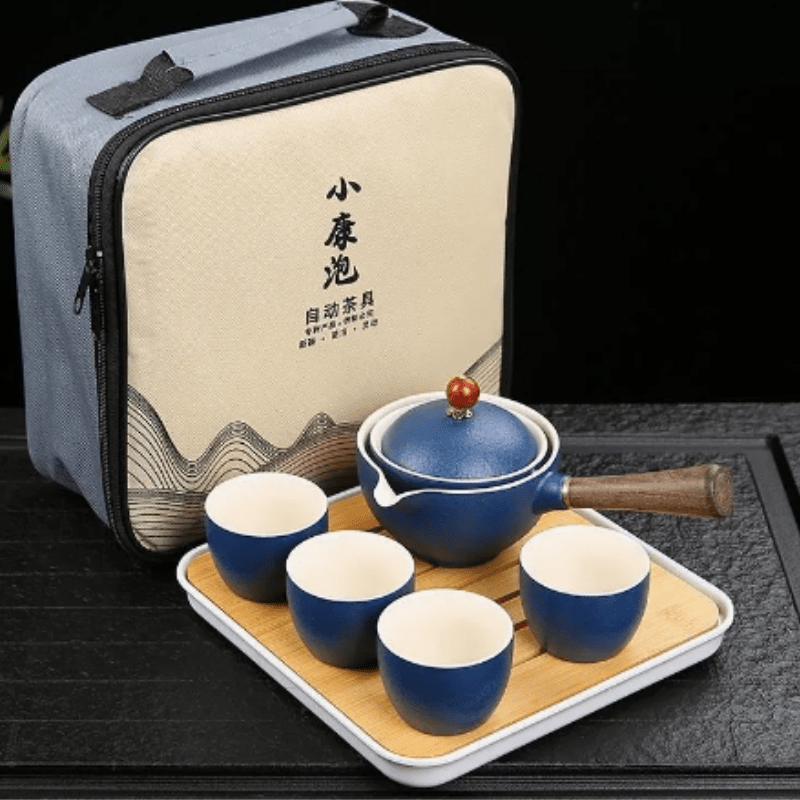 Ceramic portable travel tea set,One pot and four cups of travel bag (royal blue)