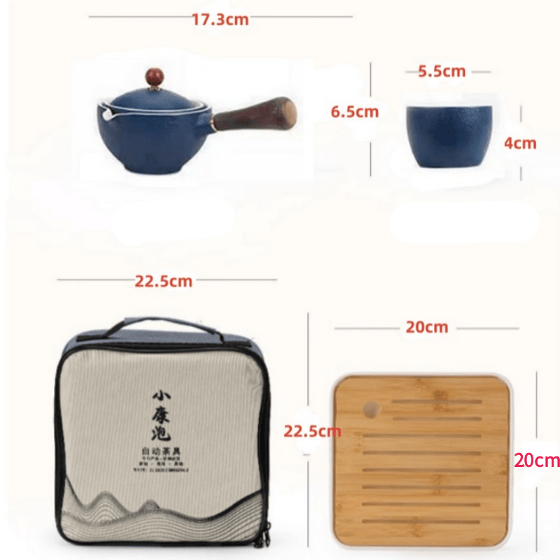 Ceramic portable travel tea set,One pot and four cups of travel bag (royal blue)