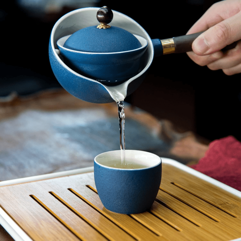 Ceramic portable travel tea set,One pot and four cups of travel bag (royal blue)