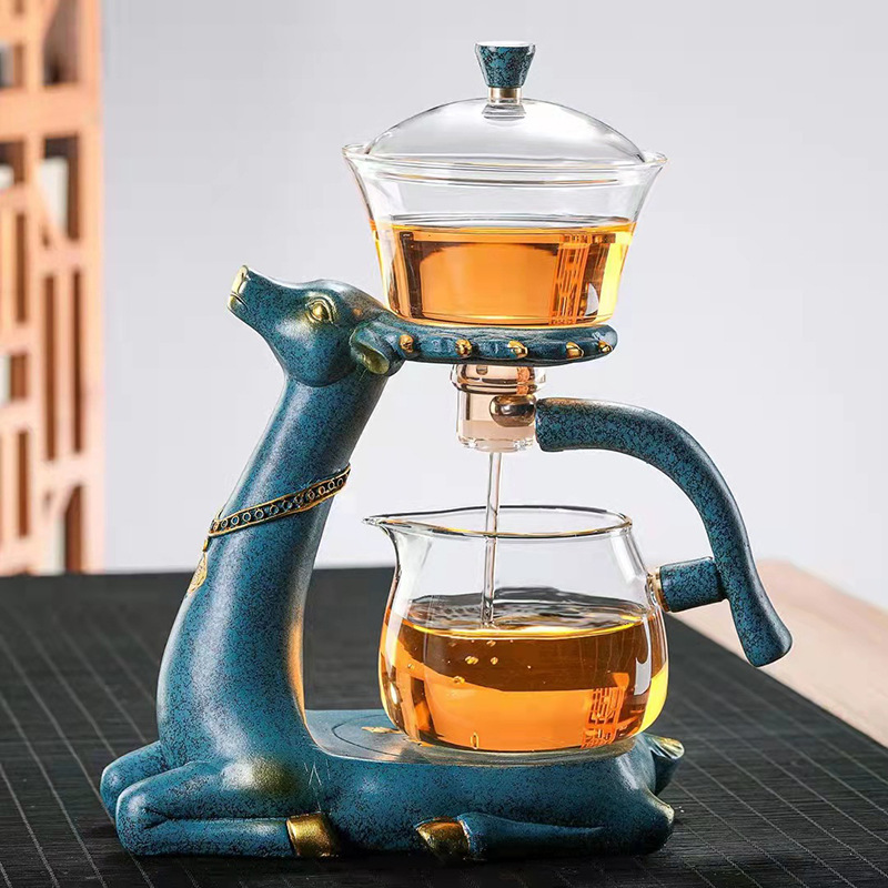Lazy Kungfu Glass Tea Set Semi Automatic Drip Rotating with Infuser Glass Teapot Set