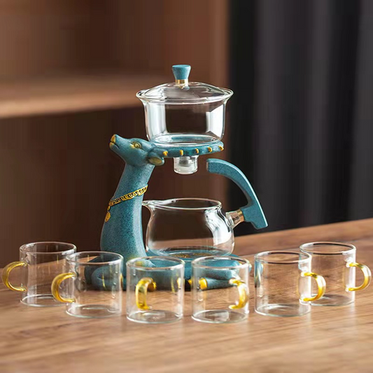 Lazy Kungfu Glass Tea Set Semi Automatic Drip Rotating with Infuser Glass Teapot Set