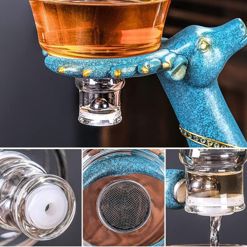 Lazy Kungfu Glass Tea Set Semi Automatic Drip Rotating with Infuser Glass Teapot Set
