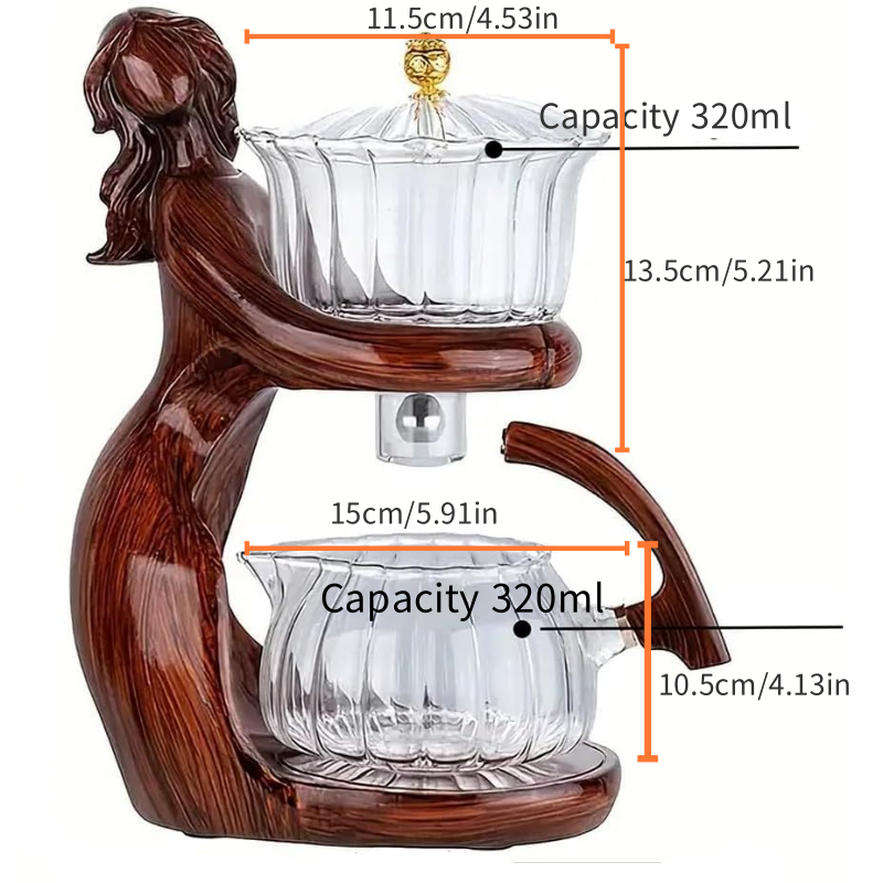 Semi-Automatic Glass Teapot Suit for Magnetic Water Flow Wooden Glass Teapot Set with Cups (Red Maiden)
