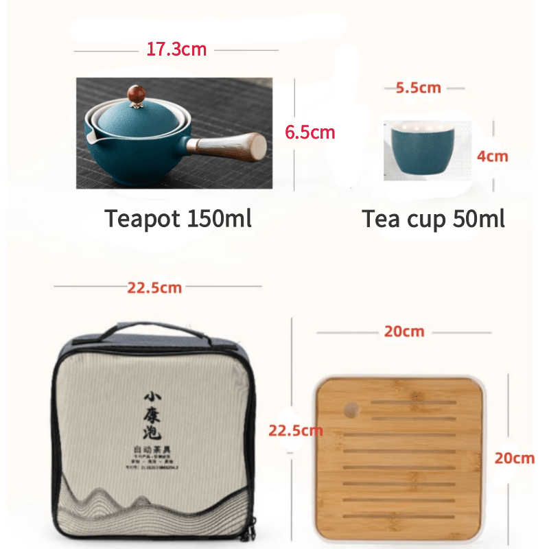 Ceramic portable travel tea set,One pot and four cups of travel bag (Green)