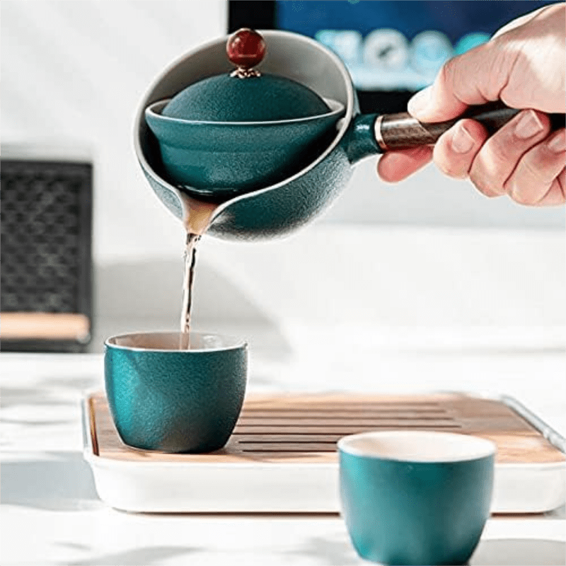 Ceramic portable travel tea set,One pot and four cups of travel bag (Green)