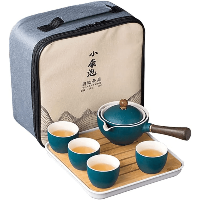 Ceramic portable travel tea set,One pot and four cups of travel bag (Green)