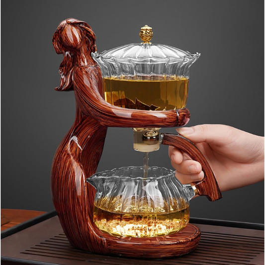 Semi-Automatic Glass Teapot Suit for Magnetic Water Flow Wooden Glass Teapot Set with Cups (Red Maiden)