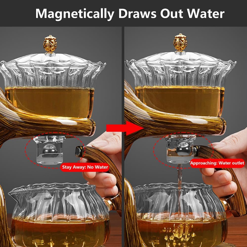 Semi-Automatic Glass Teapot Suit for Magnetic Water Flow Wooden Glass Teapot Set with Cups (Red Maiden)