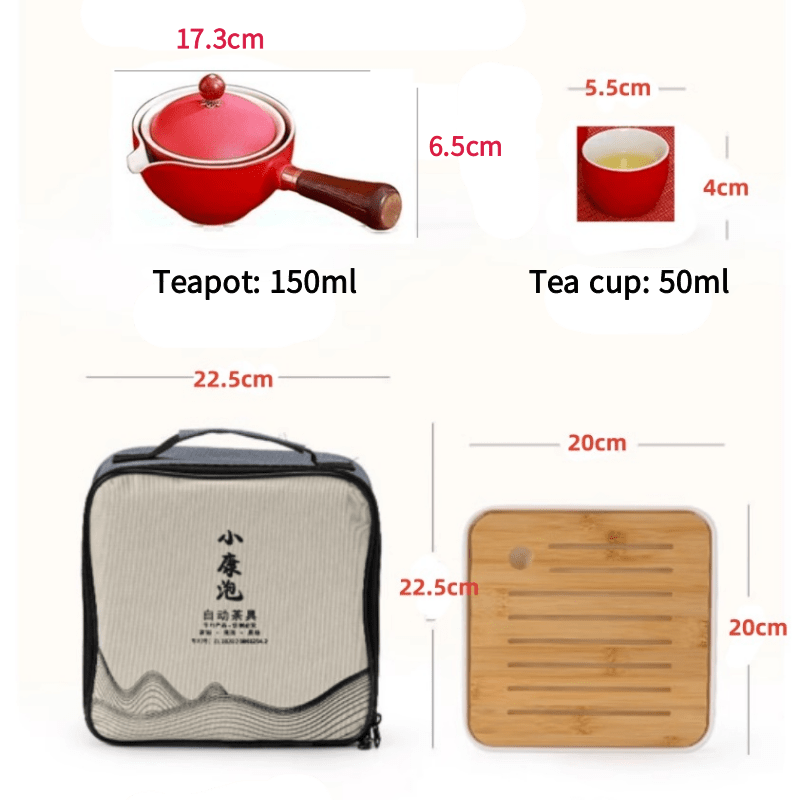 Ceramic portable travel tea set,One pot and four cups of travel bag (Red)
