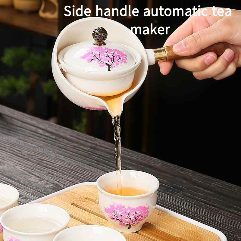 Ceramic portable travel tea set, 4 tea cups, tea tray, and travel bag (cherry blossom)