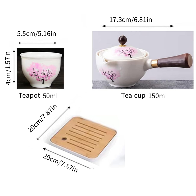 Ceramic portable travel tea set, 4 tea cups, tea tray, and travel bag (cherry blossom)