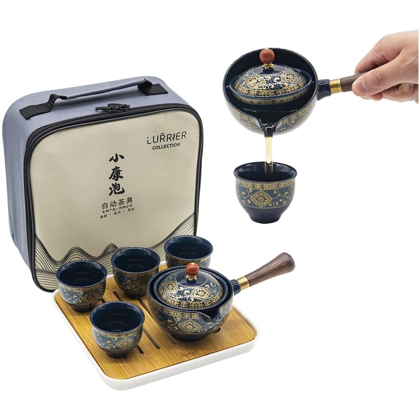 Ceramic portable travel tea set, One pot and four tea cups, tea tray of travel bag (Floral Blue)