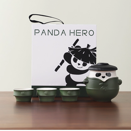 Cute Panda Travel Tea Set with Portable Bag, Chinese Ceramic Gongfu Teapot with 3  Teacups, Packaged in An Exquisite Gift Box.(Green)
